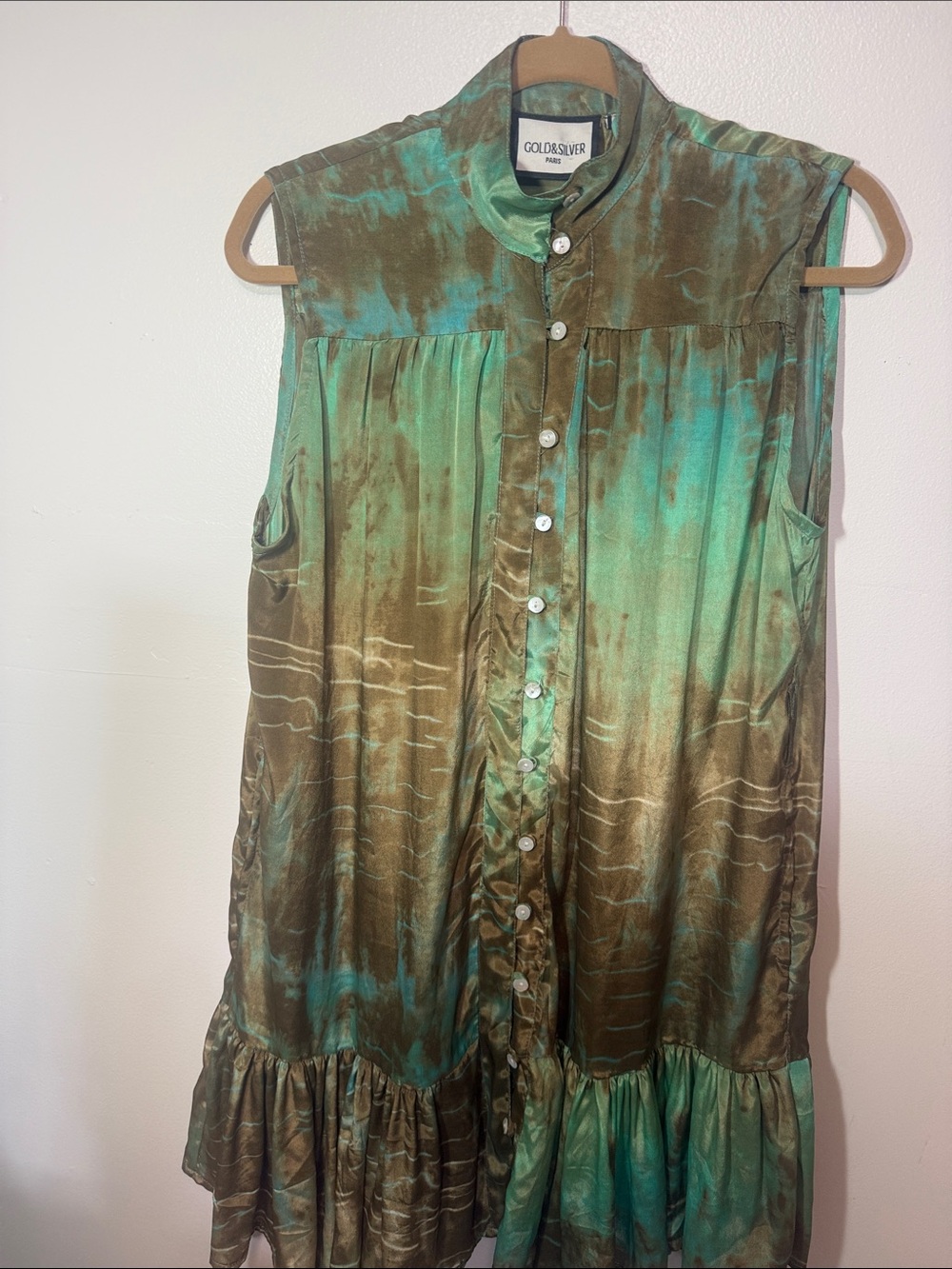 Gold & Silver Sleeveless Button-Front Silk Dress in Teal and Olive